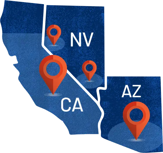 Service coverage map showing locations in California, Nevada, and Arizona